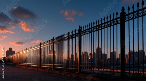 City Skyline Sunset View Behind Iron Fence.