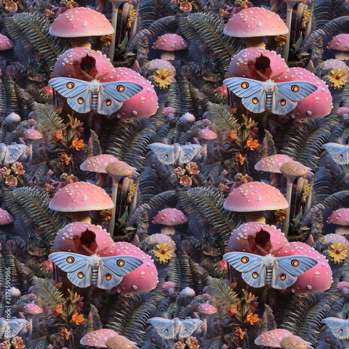 Mystical blue moth and pink mushroom forest seamless fantasy pattern in dreamy nocturnal surreal style