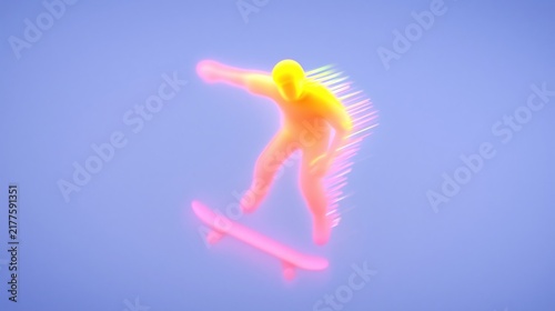 Neon glowing skateboarder performing dynamic jump trick in futuristic blue city skatepark