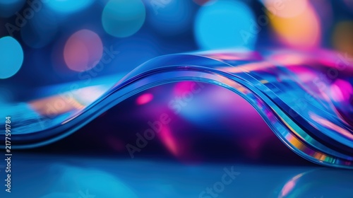 Smooth holographic glass ribbon arches beneath colorful neon bokeh lights