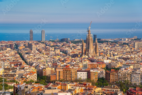Elevated View of Barcelona City With Famous Sagrada Familia Church and Mediterranean Sea in the Horizon