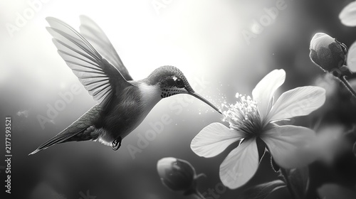 A vibrant hummingbird hovers gracefully over a delicate flower, sipping sweet nectar as sunlight filters through leaves in a serene garden. Nature's beauty unfolds in this moment