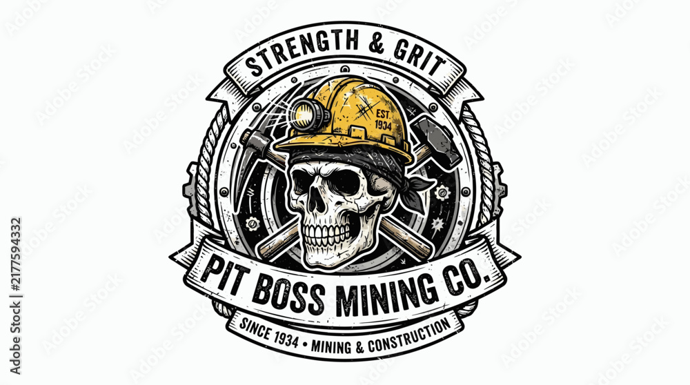 Fototapeta premium Vintage Style Pit Boss Mining Co. Logo Featuring a Skull with Hard Hat