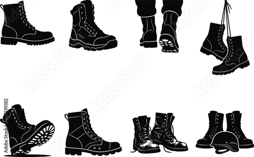 фотографія Collection of military combat boots displayed in a solemn artistic style for rem