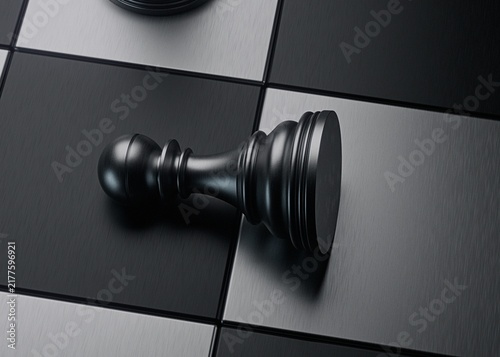Defeated Black Pawn Chess Piece Lying Down on Metal Board for Failure and Defeat Concept
