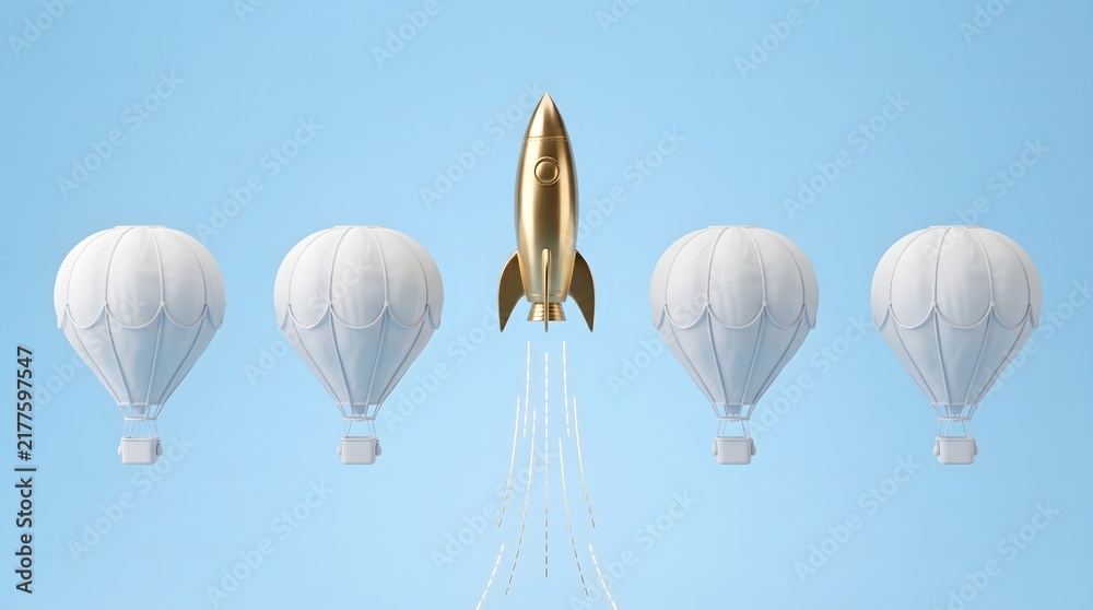 Obraz premium Gold rocket launching with white hot air balloons on blue background for business growth.