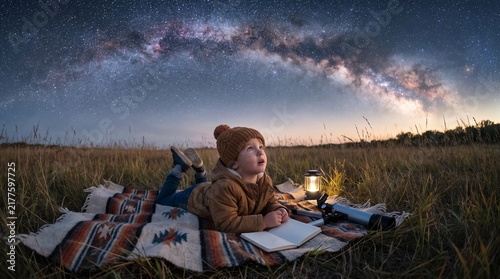 Young Boy Stargazing at Night with Telescope and Notebook in a Meadow