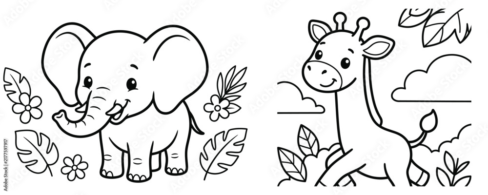 Obraz premium A cute black and white coloring page featuring a friendly baby elephant and a happy giraffe standing in a beautiful tropical jungle environment
