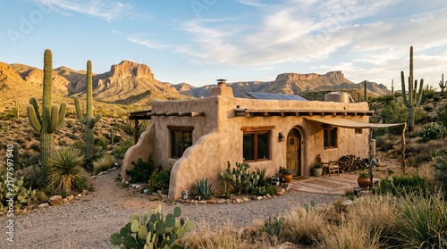 Adobe house in Sonoran desert landscape with saguaro cacti and mountain background at sunset