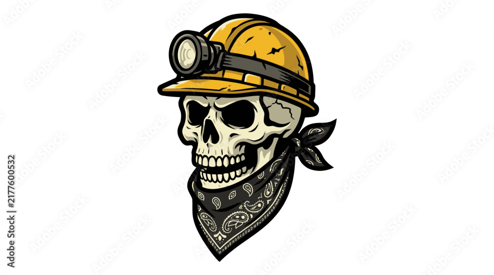 Fototapeta premium Graphic Illustration of a Miner Skull Character Wearing a Hard Hat and Bandana