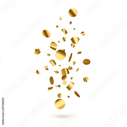 Golden confetti falling and scattering in a dynamic cascade against a clean white background, celebrating joy and festivity
