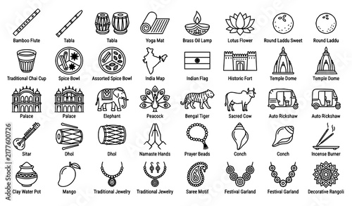 Indian Heritage 30 Thin Line Icon Collection with Traditional Food Music Religion and Lifestyle Symbols