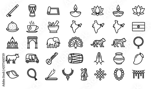 Indian Culture and Lifestyle 30 Black Outline Icons with Music Food Yoga and Festival Elements Vector Set