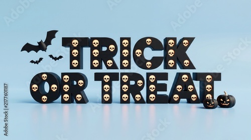 Trick or treat 3d black letters with glowing skull patterns and bats on a light blue background