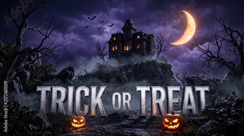 Spooky halloween trick or treat metallic typography with a haunted mansion on a hill, glowing pumpkins, and a crescent moon