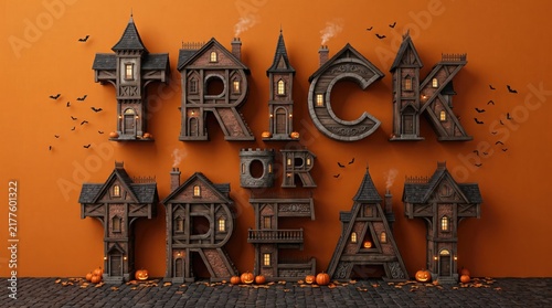 Creative halloween trick or treat typography constructed from miniature haunted houses and gothic architecture on an orange background