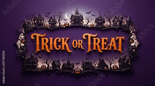 Halloween trick or treat sign with ornate frame, haunted houses, glowing pumpkins, and bats on a purple background