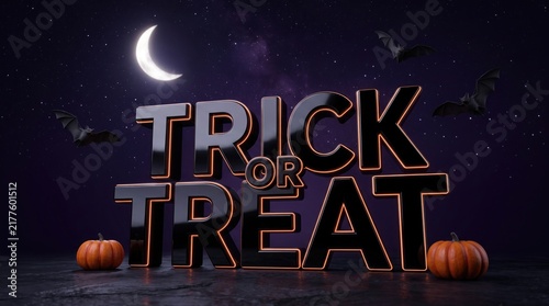 3d render of trick or treat text with glowing orange edges, pumpkins, and bats under a crescent moon in a dark, starry night sky