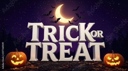 3d render of white trick or treat text with carved jackolantern pumpkins, bats, and a crescent moon in a dark, spooky forest setting