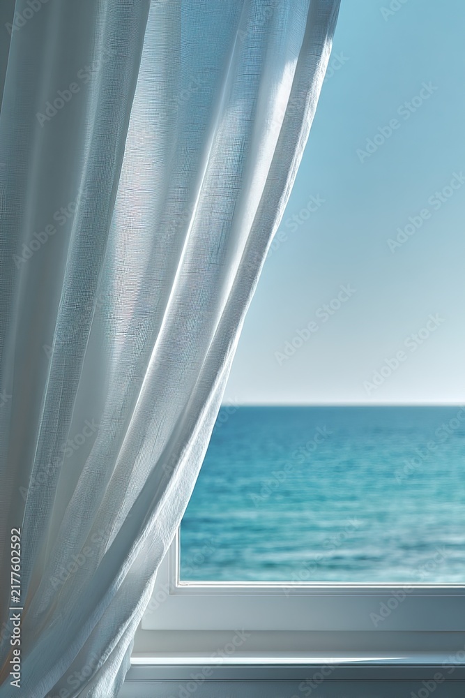 Obraz premium White linen curtain blowing in wind by window with beautiful sea view. Perfect for luxury boutique hotel website header, real estate property brochure or wellness spa salon banner
