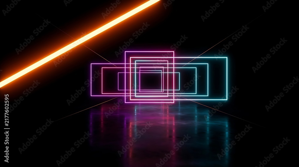 Fototapeta premium Neon glowing rectangular frames in pink and cyan, arranged in a tunnel perspective with a diagonal orange light streak on a dark reflective floor