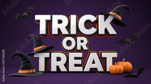 3d render of trick or treat text with witch hats, pumpkins, and bats on a dark purple background for halloween celebration