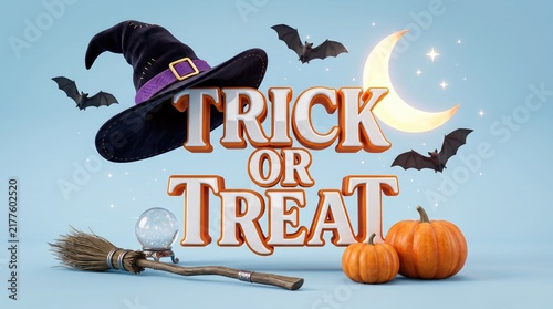 3d render of trick or treat text with a witch hat, broomstick, crystal ball, pumpkins, and bats on a light blue background