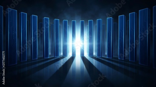 Semicircular arrangement of vertical blue glowing pillars with a bright central light source on a dark reflective floor, digital background