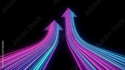 Two glowing arrows formed by parallel neon pink and blue light streaks, rising upward against a solid black background