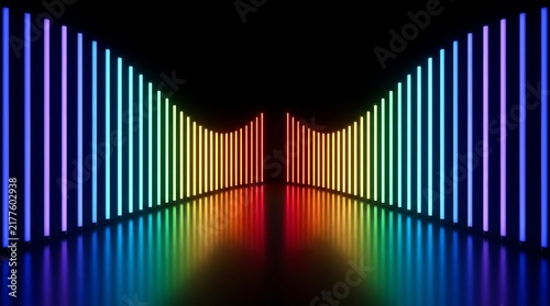 Vertical neon light bars arranged in a symmetrical wave pattern with a rainbow gradient, reflecting on a dark glossy floor surface
