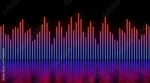 Vertical neon light bars forming a digital audio equalizer waveform, glowing red and blue gradient lines on a black background, with floor reflection