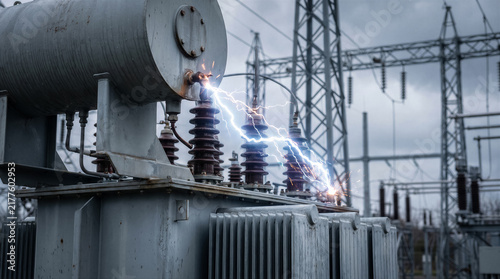 Plakat High voltage electrical transformer experiencing a dangerous electrical arc fault discharge at a power distribution substation