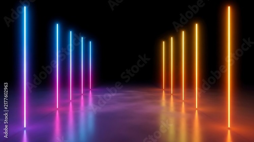 Vertical neon light tubes in blue, purple, and orange, arranged in two parallel rows on a dark reflective floor with a black background