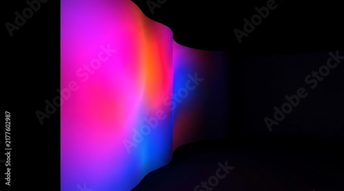 Wavy wall illuminated with vibrant magenta, orange, and blue gradient light, set against a deep black background, in a dark room