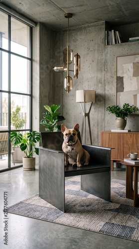 Tapety artystyczne French Bulldog Sitting on Chair in Modern Industrial Interior.