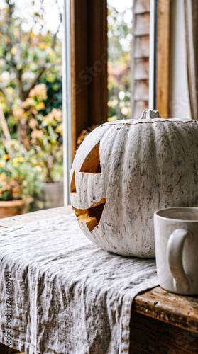 Fabric Halloween pumpkin decoration with carved face in cozy home interior