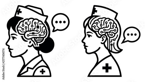 Black and white line art illustration of two nurses with digital circuit board brains and speech bubbles