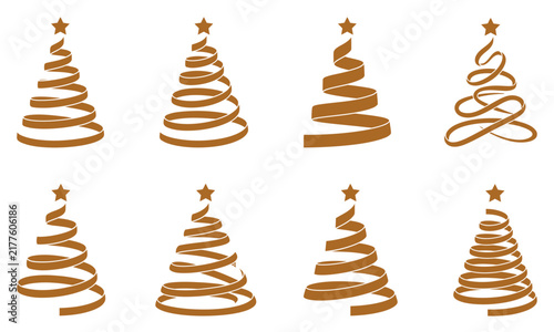 Set of eight abstract golden spiral christmas trees isolated on a white background for holiday design projects