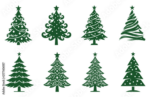 Set of eight decorative green christmas tree icons isolated on a white background for holiday design projects