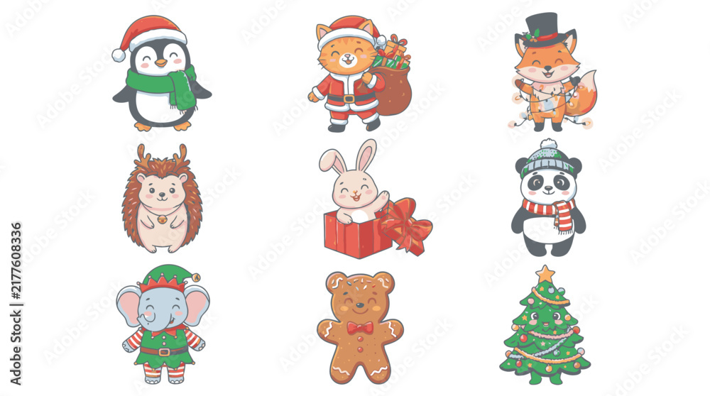 Fototapeta premium Set of cute Christmas characters including penguin elf and gingerbread bear isolated on white for holiday party decor Merry Christmas