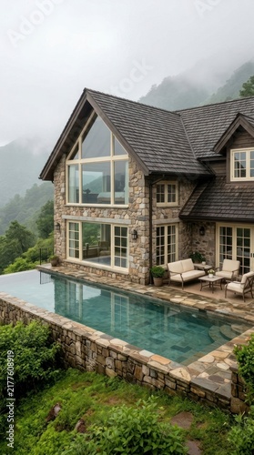 Stone cottage with infinity pool in mountain setting, luxury vacation home with misty forest backdrop.