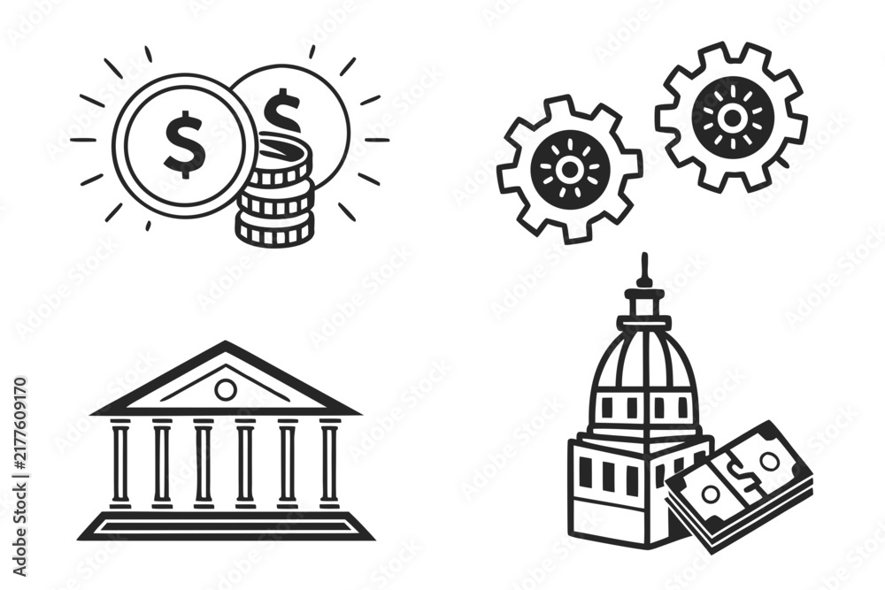 Obraz premium Business and finance vector icon set featuring bank, coins, currency, and economic growth illustrations