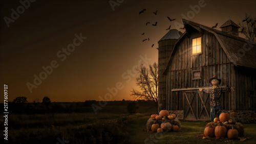 Spooky Halloween barn with pumpkins and scarecrow at sunset in a rural farm landscape.