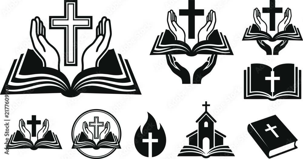 Fototapeta premium Christian holy bible open book and cross spiritual silhouette icons set isolated on white background