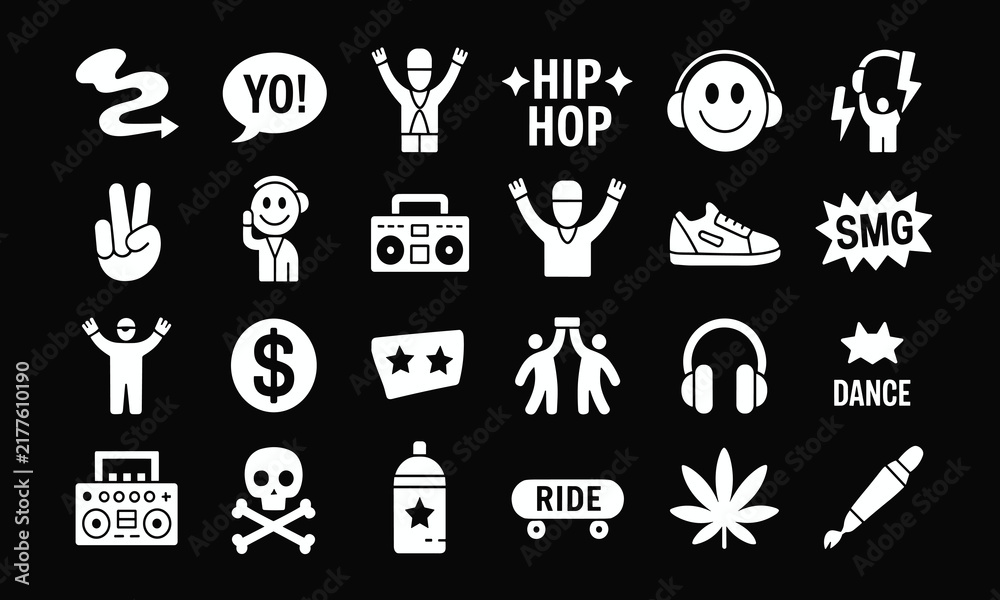 Fototapeta premium Hip hop culture white icon set for street style graffiti music and urban fashion vector illustration