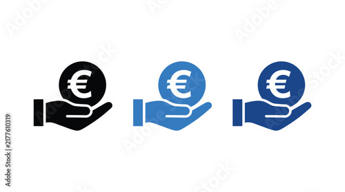 Hands holding euro currency icon set black and blue variations
