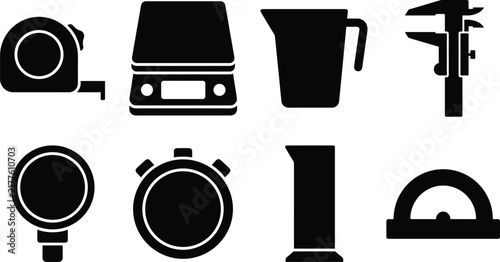 Measuring tools vector icon set featuring tape measure digital scale caliper stopwatch measuring cup and protractor graphics