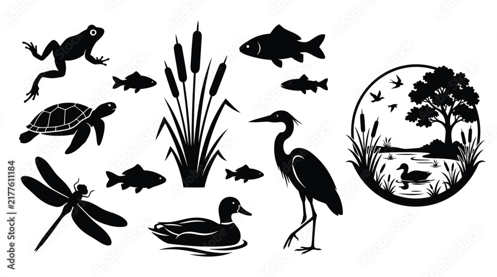 Fototapeta premium Black silhouettes of wetland wildlife and pond scene on a white background
