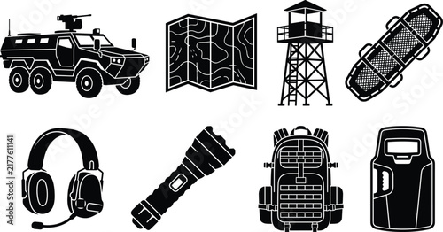 Military Equipment and Tactical Gear Black Vector Icon Set Featuring Armored Vehicle Map Watchtower Headset and Shield