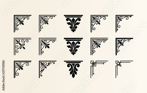 Black floral corner ornaments and architectural brackets for page borders.